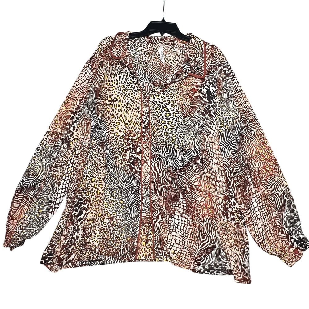 NY Collection Woman 2X Plus Size Animal Print Blouse Top Brown Tan Long Sleeve
